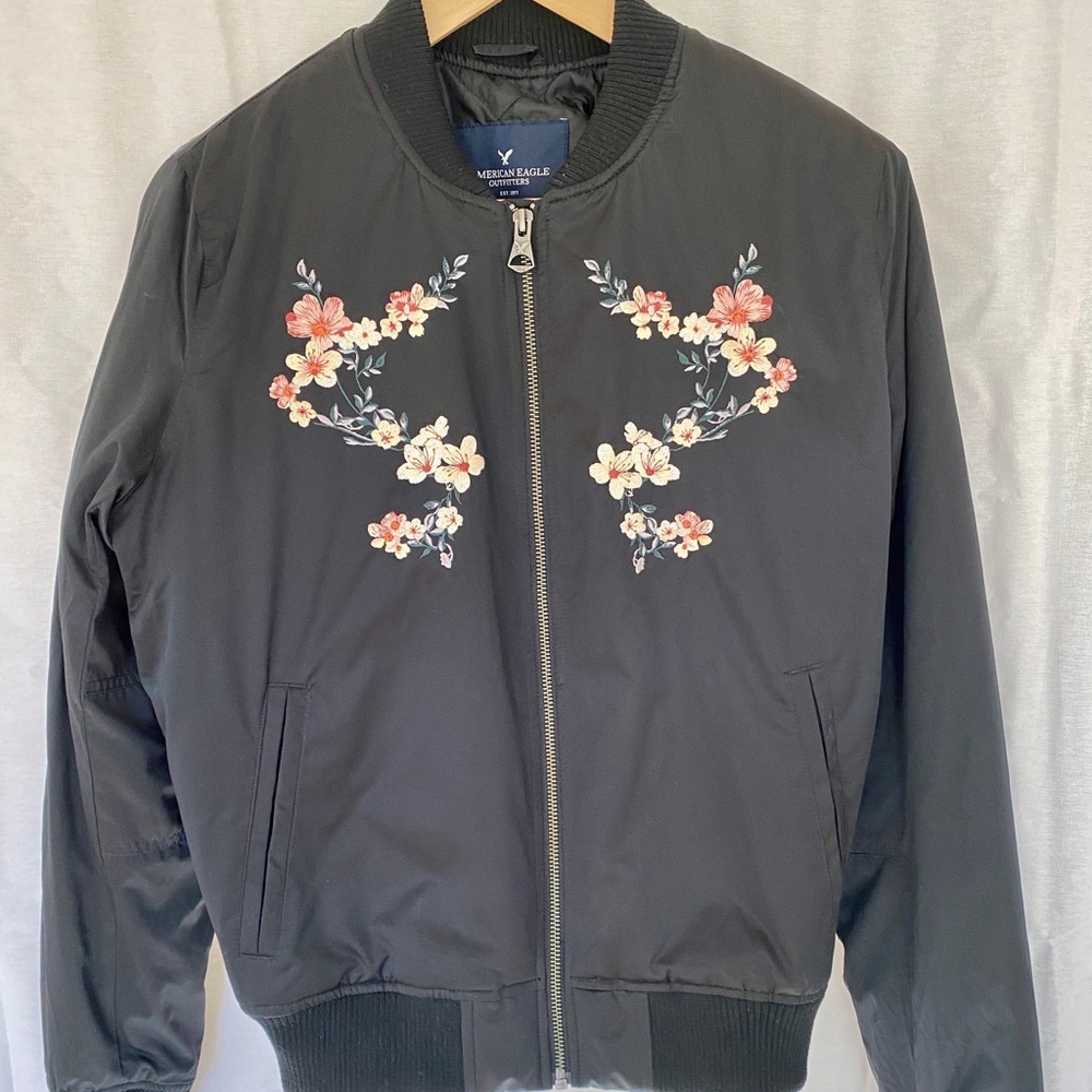 American Eagle Black Floral Bomber Jacket Size S